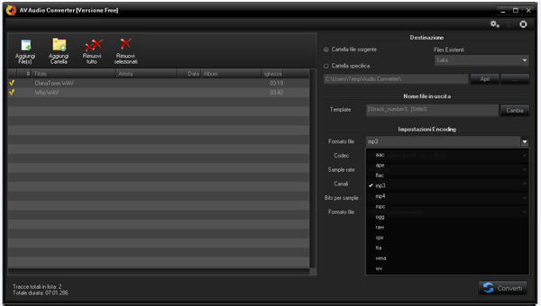 AV Audio Converter - Impostazioni Conversione Screenshot