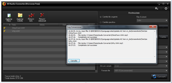 AV Audio Converter - Log Conversione Screenshot